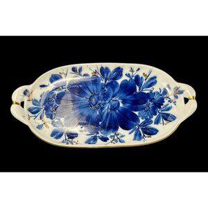 Sumi Romania Porcelain Cobalt Blue & Gold Floral Oval Trinket Dish Vanity Tray